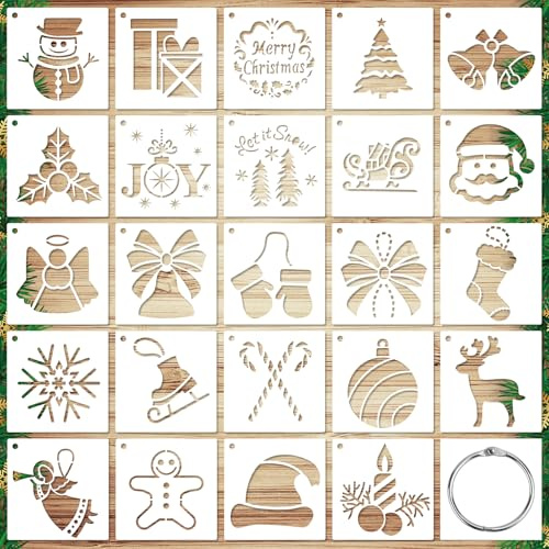 24-Teiliges Weihnachts Dekorations Schablonen, Wiederverwendbare Weihnachts-Malvorlage Rechteckige Weihnachtsschablonen für Bastelarbeiten Stoffe Wände Karten Sammelalben