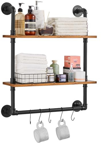VEVOR Industrielles Rohrregal, 2 Ebenen, 61 x 20 cm, Wandmontage, schwebende rustikale Holzregale, Halterung, Lagerregal, Kleinteilehalter für Küche, Schlafzimmer, Badezimmer, Wohnzimmer, schwarz