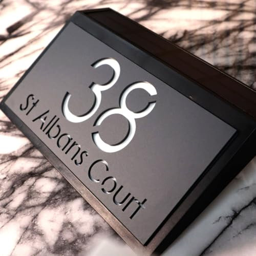 K Smart Sign | LaLuce LED F2728 | House Plaques With Back Lit Illuminated Numbers House Signs Door Number For Wall With Light Name Plaques For Outside (A4 - GREY MODERN)