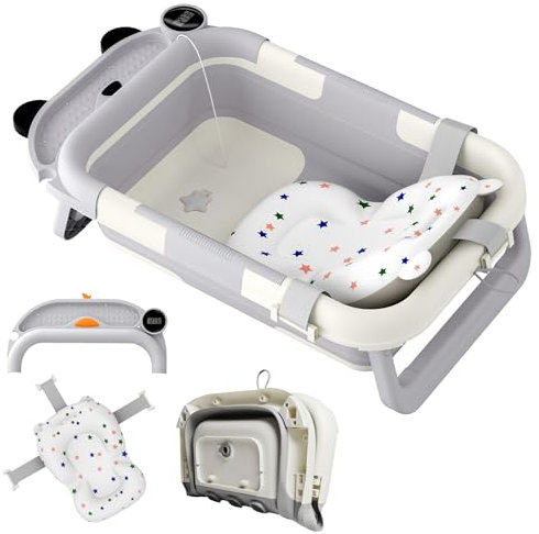 SUBTLETY 68x41x19cm Faltbare Baby Badewanne Tragbare Badewannensitze mit Thermometer, Badekissen & Anti-Rutsch Gestell Kinderbadewanne Babywanne für 0-24 Monaten Neugeborene, Babys (Bär & Huhn)