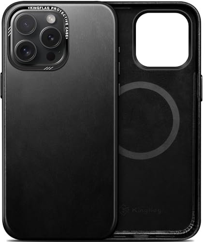 kingflag Leder Hülle für iPhone 15 Pro Max - Ölwachs-Oberleder Handyhülle extra Dünn Kompatibel mit MagSafe Metallknöpfen (Schwarz)