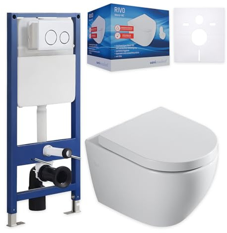 sanicomfort Wand WC-Set Rivo + Vorwandelement inkl. runder Betätigungsplatte | Unterputz-Komplettset mit 2-Mengen-Spülung | modernes & pflegeleichtes WC-System