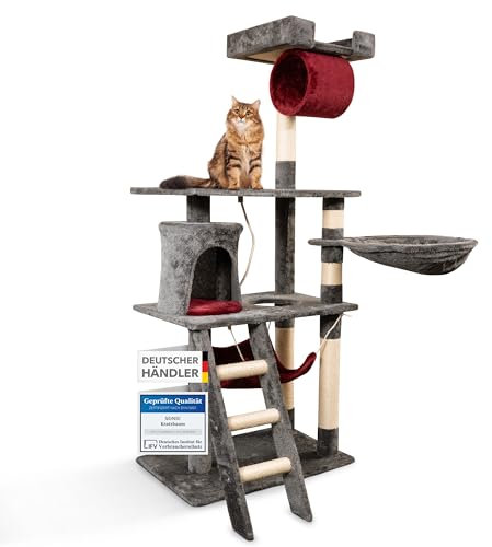Foxdevil by xonic® Stabiler Kratzbaum für Katzen - Vielseitiger Katzenkratzbaum mit Aussichtsplattform, Hängematte, Kuschelhöhle, Spielkordel, Treppe – 141 cm Hoch – (Grau/Rot V1)