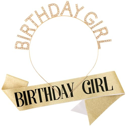 DRESHOW Birthday Girl Headband Birthday Tiara with Sash Princess Crown Rhinestone Happy Birth Day Accessories for Women Girls