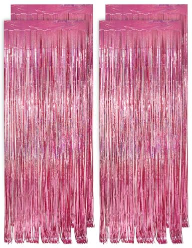 PVEGOS 4PCs 3.3 x 8.3 ft Laser Pink Glitter Tinsel Curtains Foil Curtain Backdrop.Laser Luminescent Particles Foil Fun Fringe Streamers for Party Birthday Decoration,Engagement,School Events