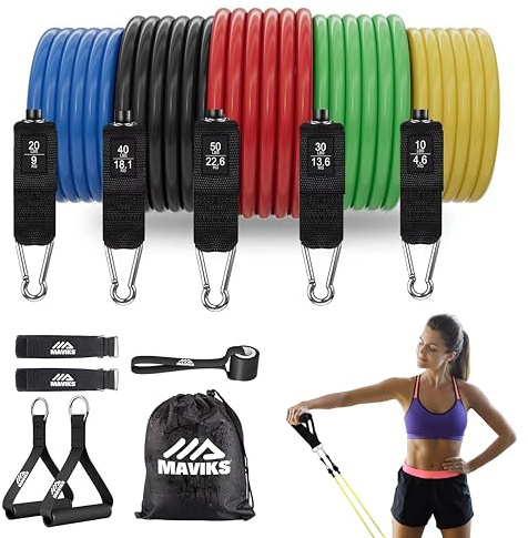 MAVIKS Exercise Bands Resistance Bands for Working Out, Set of 5 Bands, Elastic Resistance Bands for Physical Therapy, Pilates,Yoga, Stretching, Home Fitness with Guide and Carry Bag (Power Bands)