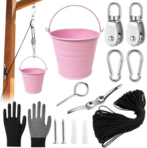 Flaschenzug Kinder,Flaschenzug mit Metalleimer,Spielturm Zubehör,Zubehör fürs Baumhaus Spielturm,Flaschenzug mit Eimer,Kinder-Riemenscheibensystem Spielturm Zubehör Gartenspielzeug für ab 3 Jahren