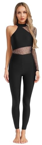 iiniim Damen Turnanzug Ganzkörper Gymnastikanzug Strass Glitzer Ballettanzug Ein-Schulter Langarm Eiskunstlauf Body Overall Jumpsuit Wettbewerb Tanzkostüm Schwarz S