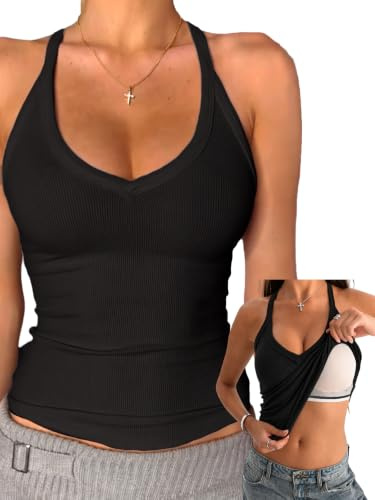 Danysu V Neck Racerback Built-in Bra Tank Tops for Women Trendy Cotton Ribbed Basic Halter Top Black M
