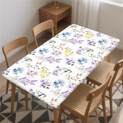 Rechteckige Tischdecken mit elastischem Rand für sicheren Sitz 68x26In（172 x 68 cm） Abwischbare tischdecken aus PVC-freiem Stoff Aquarell lila Blumen Designs für den Innen- und Außenbereich