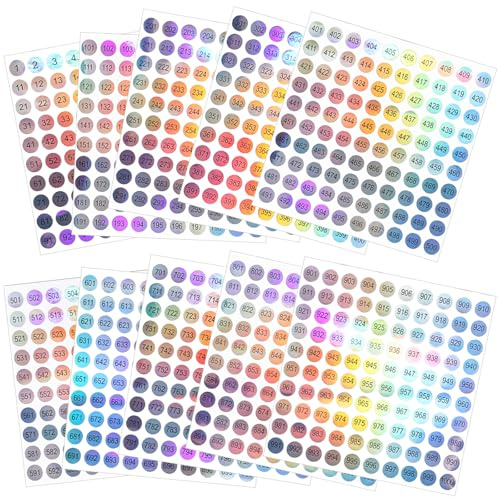 10 Sheets Small Number Stickers 1-1000, Mini Number Stickers, Consecutive Self Adhesive Round Numbers Sticker, Self-Adhesive Holographic Labels for Organizing Nail Polish, Lipstick, Inventory