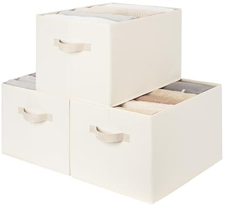 StorageWorks extra großer Aufbewahrungskorb Stoff, faltbare Aufbewahrungsbox für Regale, Schränke, Spielzeug, Schrank Organizer Wäscheschrank, Stoffbehälter mit Griffen, beige, 3 Stück