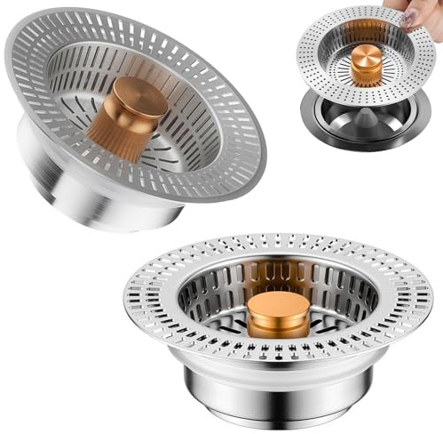 2 Pièces 3 en 1 Bouchon Evier Cuisine, en Acier Inoxydable, Anti-Obstruction, Adaptée aux Éviers d'un Diamètre Extérieur de 110 mm et d'une Profondeur de 41 mm