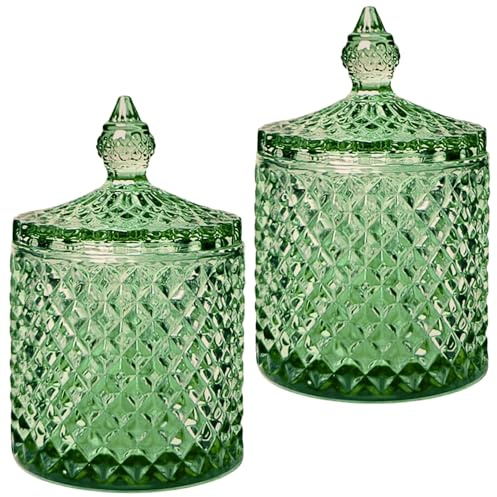 2Pc 10oz Green Glass Cotton Bud Holder Wool Pads Q Tips Candle Holder Spice Apothecary Glass Jars With Lids Vanity Dressing Table Home Bedroom Room Bathroom Accessories Set Vintage Decor Gifts Women