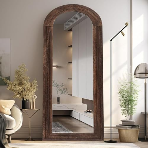 MAXEN Großer Bogen Ganzkörperspiegel 165x56 cm, Gewölbter Standspiegel | Und Wandspiegel Mit Massivholzrahmen, Bauernhaus-Stil, Bruchsicheres Glas, Für Schlafzimmer Und Wohnzimmer, Braun.