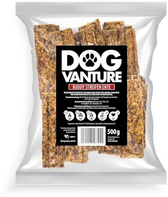 Dogvanture Buddy Snack 98,7% Ente Fleischstreifen 2,5x12cm 500g Großpackung | Monoprotein Hundeleckerli, Kaustangen | Getreidefrei, Barf-inspiriert