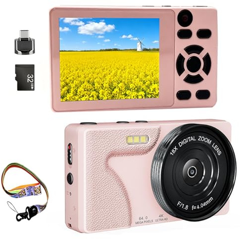 Digital Camera, 4K 64MP Compact Camera with Dual Lens, Compact Digital Camera with 32GB SD Card and OTG Adapter Auto-Focus for Kids, Teenagers, Beginners (Pink)