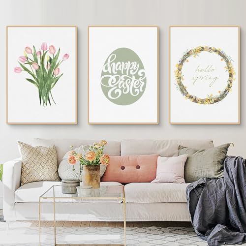 Uixxducc Bilder Kinderzimmer 3er Set, Premium Ostern Poster Set, Ostereier Hase Karotte Poster & Kunstdrucke Wandbilder, Deko Kinderzimmer Babyzimmer Mädchen Jungen, Ohne Rahmen (21x30cm,ABC)