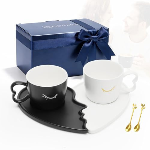 2 Stück Küssende Tassen Set, Kaffeetassen Partnertassen Hochzeit Verlobung Kaffeebecher Keramik Tasse mit Untertasse,Hochzeitsbecher Hochzeitsgeschenke für Brautpaar,Pärchen Geschenk für Frauen Männer