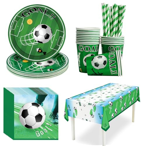 CIOXSOIO Juego de Vajilla para Fiesta Fútbol, 20 Platos de Papel, 20 Vasos, 20 Servilletas, 20 Pajitas y 1 Mantel, 20 Invitados Vajilla para Decoración de Cumpleaños Infantil