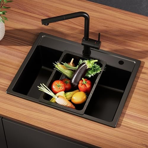 ANYCEE Lavello Nero in Granito 60 x 46 cm, Lavandino Cucina 1 Vasca Nero | Lavello Cucina con Cestello di Scarico, Lavandino di 80% Sabbia Quarzo, per Mobile da 60 cm, con Sifone e Scarico