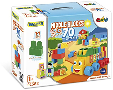 Wader 70 Bausteine Middle Blocks Big, Bunte Bauklötze aus robusten, sicheren Materialien, Bauspielzeug mit attraktiven Grafiken, ab 1 Jahren