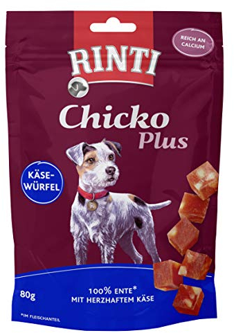 Rinti Chicko Plus Käsewürfel Ente für Hunde | Doppelpack | 2 x 80 g | Schonend luftgetrocknetes Entenbrustfilet | Im praktischen wiederverschließbaren Beutel