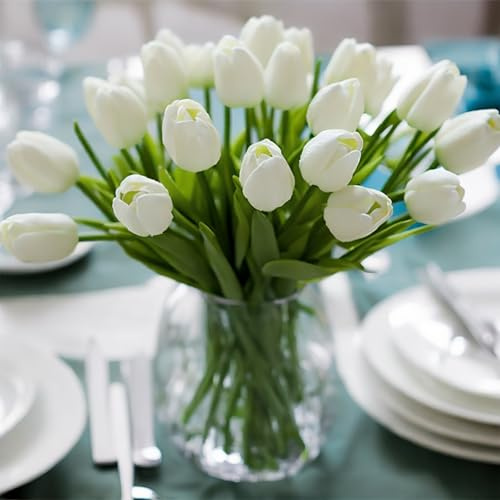Künstliche Tulpen aus Polyurethan, fühlt Sich echt an, 30 Stück, künstliche Tulpen für Arrangement, Hochzeit, Party, Ostern, Frühling, Zuhause, Esszimmer, Büro, Dekoration (Weiß, 35,6 cm hoch)