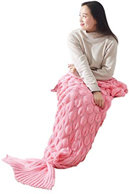 PengGengA Meerjungfrau Decke, Handgemachte Meerjungfrau Strickmuster Schlafsack, Personalisierte Handgemacht Gestrickt Warmes Sofa Decke Damen Mädchen Geburtstagsgeschenk (Rosa, 195 * 90CM)