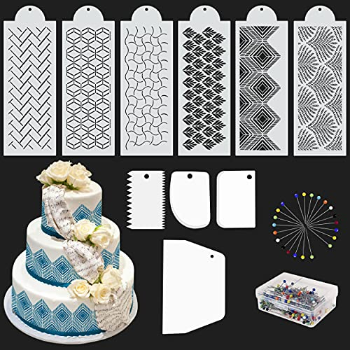 6 pcs Cake Decorating Stencils Templates, Fondant Mould Including Scraper for Smooth Finish. Used for Wedding Cake, Birthday Cake, Cupcake Decoration, DIY Cake