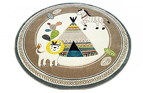 CARPETIA Teppich Kinderzimmer Kinderteppich Kinderzimmer Indianer Zelt Kaktus Zebra Creme braun Größe 120 cm Rund