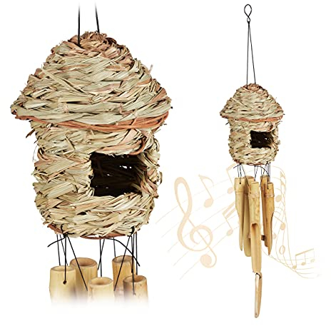 Relaxdays Carillon à de 2, Bambou et Paille, intérieur et extérieur, déco, Jardin, HxD 67,5x13,5 cm, Nature