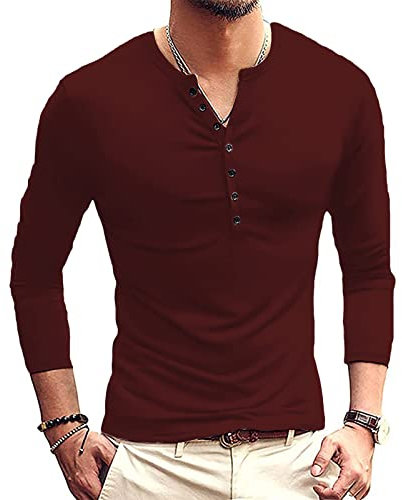 Men's Casual Henley Shirt Long Sleeve Slim Fit Plain Tops Basic Crew Neck Grandad T-Shirt Buttons Tee Tops Red
