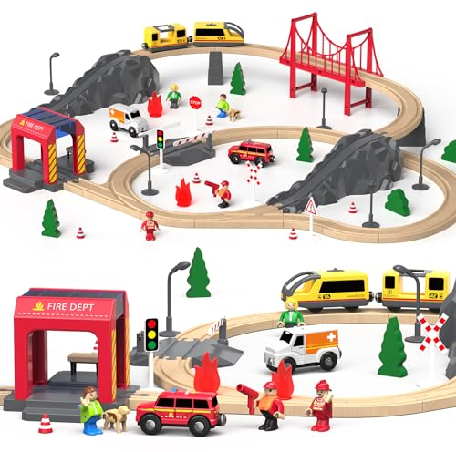 Giant Bean 72 Pièces Ensemble de Trains en Bois, Voies Ferrées en Bois et Jouets de Train, Kit de Maquettes de Train pour Les Tout-Petits, Kit de Chemin de Fer Jouet pour Les Enfants Âgés de 3 Ans