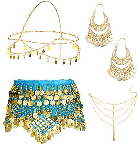 Kakonia 4 Sets Bauchtanz-Accessoires für Frauen, Bauchtanz-Hüfttuch, Wickelgürtel, böhmische Goldmünzen-Ohrringe, Kopfbedeckung, Haarkette, Quaste, Fußkettchen-Armband für Frauen Grün