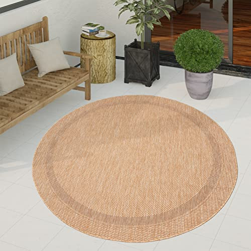 Paco Home Outdoor Teppich Wetterfest Wohnzimmer Balkon Küchenteppich Schlafzimmer Moderne Geometrische Muster, Grösse:200 cm Rund, Farbe:Beige