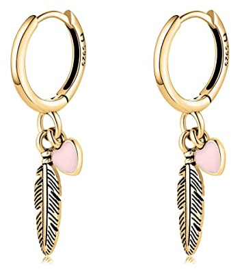 Silber Ohrringe für damen 925 mit einer Feder und einem Mini-Herz. Creolen aus Silber 925 für Damen oder 18K Gold, ideal als Geschenk zum Muttertag... Ohrringe mädchen. Schmuck damen