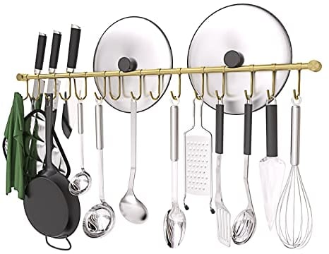 OKEPOO 304 Stainless Steel Kitchen Utensil Hanger - 30 Inch Wall Mount with 15 Noiseless Sliding Hooks, Pots and Pans Hanging Rack, Organizer Storage Perfect for Organizing Cooking Tools, Golden