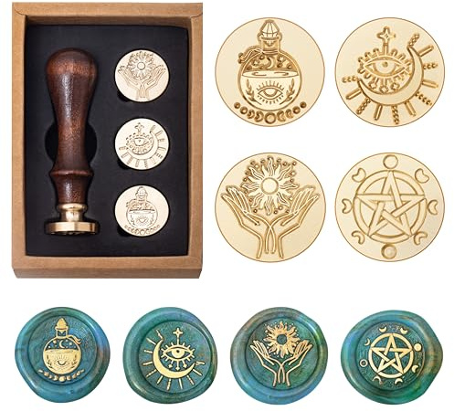 Wiccan Wachssiegel Stempel Set, Pentagramm Mondphasen Siegel Stempelkopf, Vintage Böse Auge Dreifach Mond Pentagramm Sonne Flasche Muster Kit mit Geschenk-Box für Briefumschlag Hexerei Einladungskarte