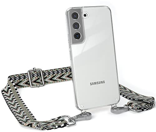 EAZY CASE Handykette - Verstellbarer Trageriemen kompatibel mit Samsung Galaxy S22, Handykordel mit Schutzhülle durchsichtig, Riemen für Handyketten, Grün/Schwarz Metall Silber