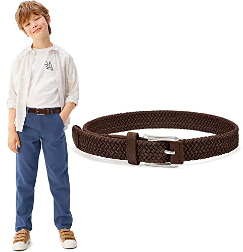WHIPPY Kinder Gürtel Elastik Unisex Geflochtener elastischer Stretch Gürtel gewebter gürtel für Jungen und Mädchen Endspitze aus Leder mit Dornschließe, 3 cm breite,kaffee 90cm
