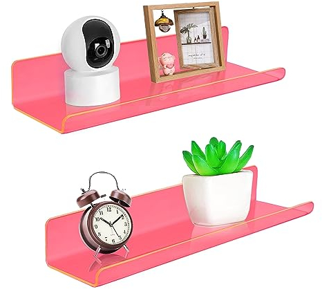 ROYALITA Small Acrylic Shelves | Wall Mounted Set of 2 | 12 Inch Wall Hanging Plant Display, Floating Wall Shelves for Gaming Room, Bedroom, Living Room, Office, Neon Pink