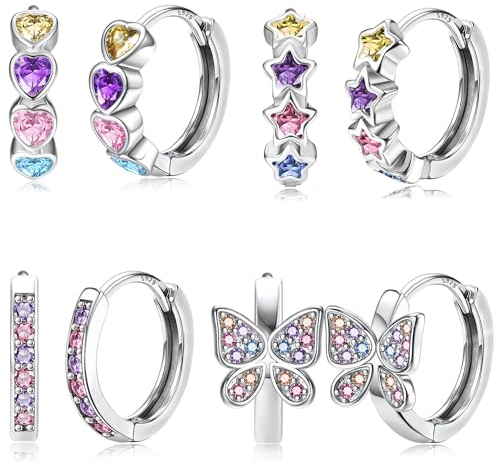 JeweBella 4 Paar Ohrringe Silber 925 Mädchen Kinder Kleine Creolen Silber 925 Hypoallergen Schmetterling Herz Blumen Creolen Ohrringe Set Schlafen Knorpel Ohrringe Mädchen Damen Rosa/Lila/Blau/Bunt