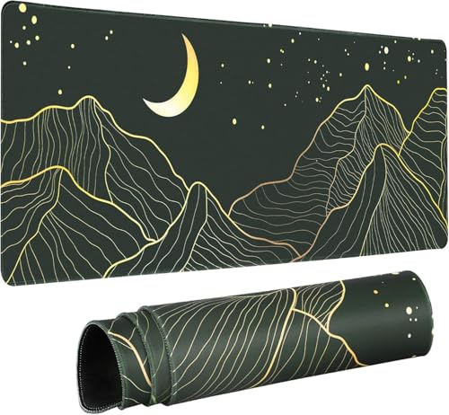 HAUTOCO Grand tapis de souris de jeu abstrait montagne et lune, 80 x 30 cm, tapis de souris étendu avec base antidérapante et bords cousus, sous-main minimaliste pour clavier d'ordinateur pour jeux et