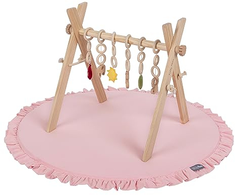 KiddyMoon Spielbogen aus Holz mit Weichem Schaumstoff Spielmatte Spieltrapez Baby Gym für Kleinkinder Spielzeug Activity Center, Natürlich Mit Rosa Spielmatte