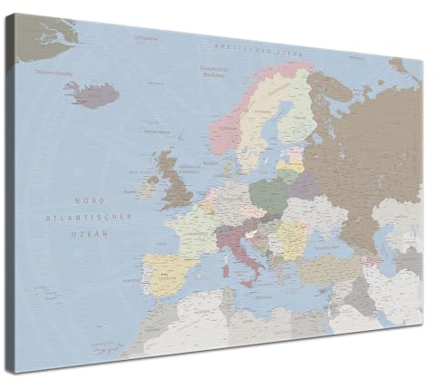 LANA KK Europakarte-Pinnwand als Leinwandbild zum pinnen der Reisen – „Europakarte Ice Blue” - Deutsch - Landkarten-Wandbild Europa in blau, 80 x 60 cm