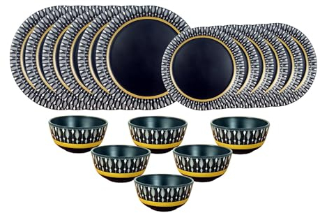 Juego de vajilla redonda de melamina con estampado para cocina, juego de vajilla de melamina de tamaño completo, juego de cena Melmoware, 18 piezas, color negro