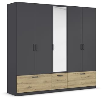 Rauch Möbel BARI, Schrank, Farbe Grau metallic/Eiche Artisan, Breite 226 cm | Kleiderschrank, 5-türig, Spiegel, 3 Schubladen, für Schlafzimmer, Kinderzimmer, Babyzimmer, Homeoffice, Garderobe, Flur