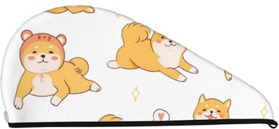 TRUIGYN Niedliches Shiba Inu-Hundemuster, Korallensamt-Kappe für trockenes Haar, Handtuchwickel für schnell trocknendes Haar mit Knopf-Mikrofaser-Turban