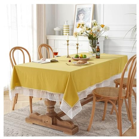 Daesar Tischdecken Outdoor, Tischtuch für Draußen Eckig 120x160CM Einfarbig mit Spitze Französisch Tischdecke Abwaschbar für Draußen Gelb